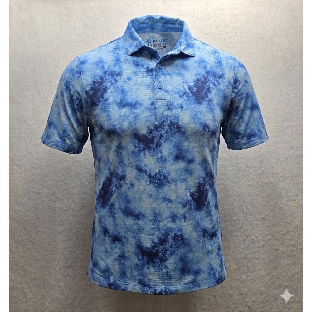 Ibkul Men's Blue Cloud Pattern Short Sleeve Golf Polo Shirt. Size L